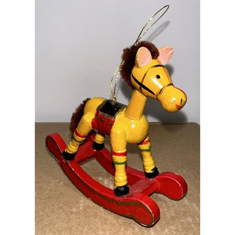 Set of 2 - Vintage 1980's Hand‎ Painted Yellow & Green Rocking Horse Ornaments